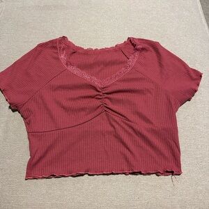 Women's Lace Trim Ribbed Top - Burgundy
